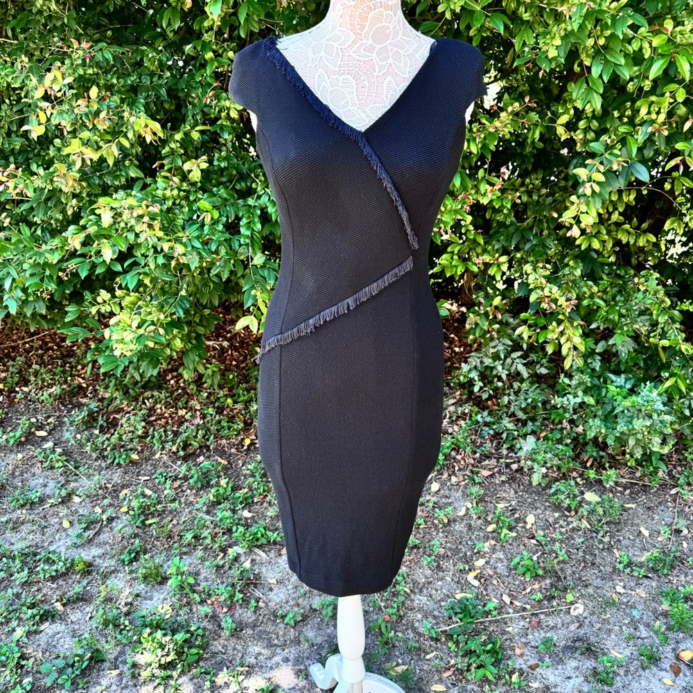 Iris Setlakwe Black Fringe‎ Bodycon Sheath Ribbed Sleeveless Dress Ribbed Size 2